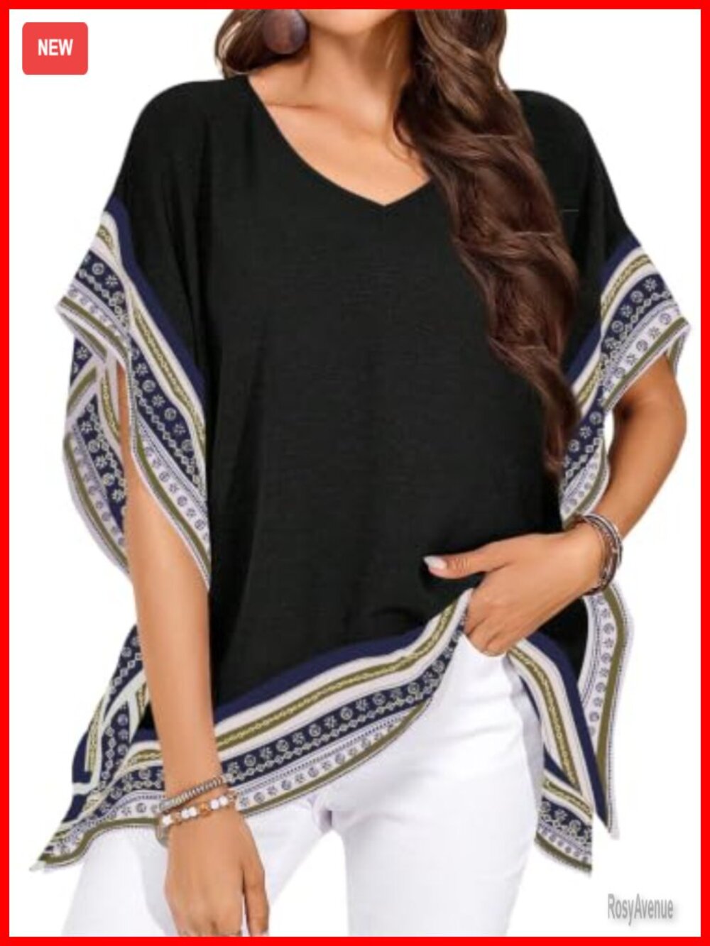 Women's Batwing Short Sleeve V-Neck Floral Boho Blouse Flowy Tunic Top